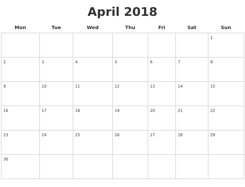april 2018 blank calendar