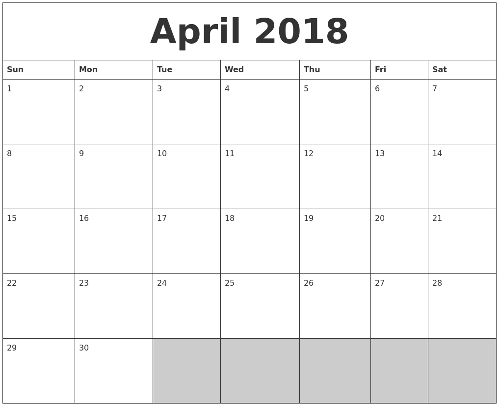 April Blank Calendar 2018