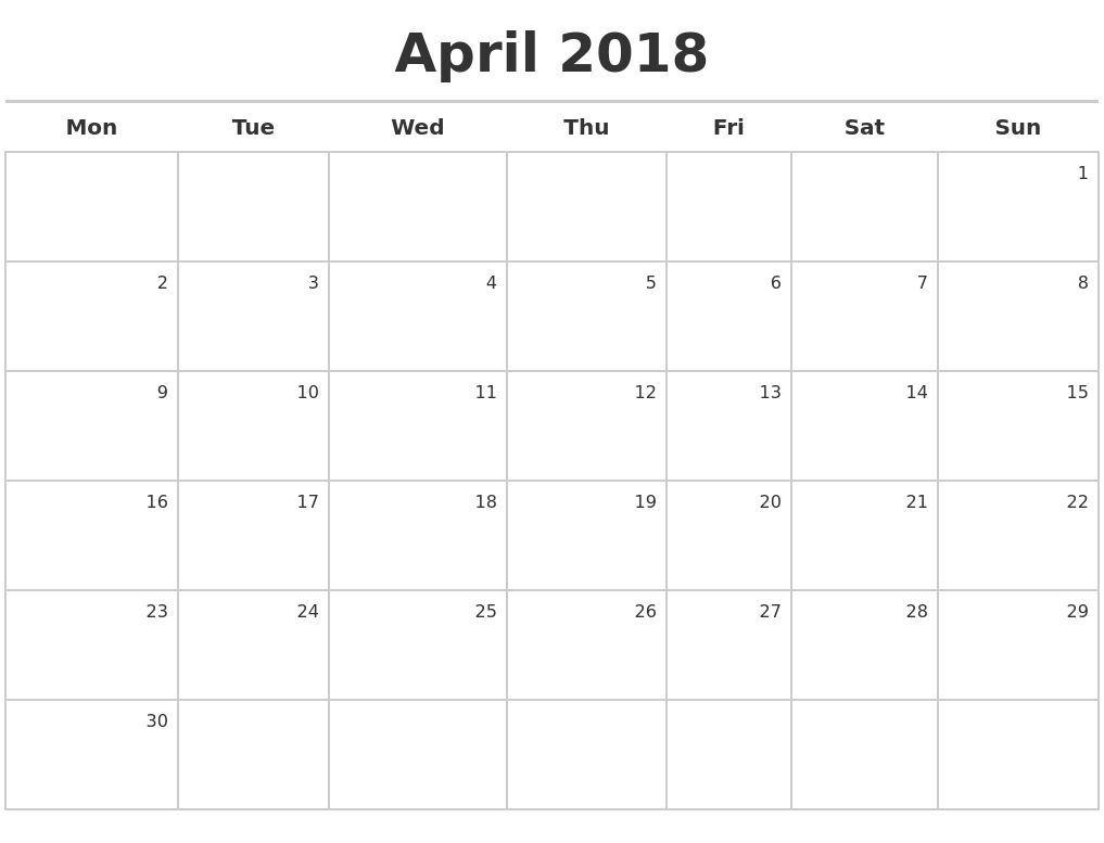 April 2018 Calendar Maker April 2018 Calendar Maker
