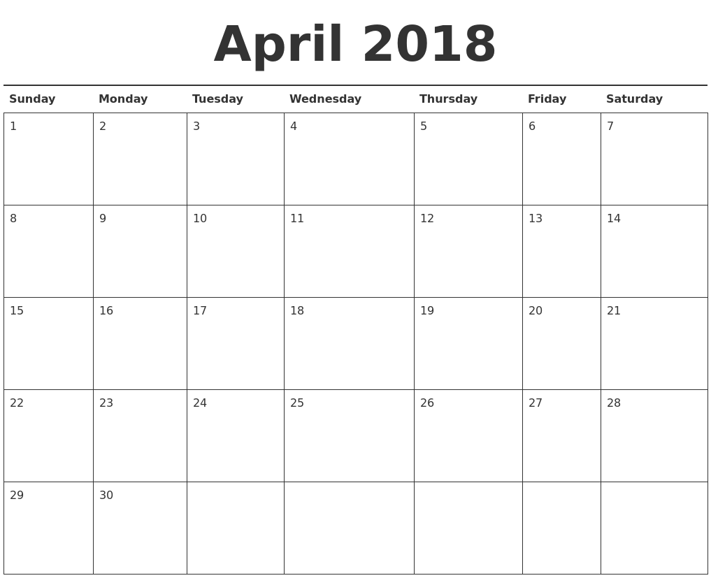 2018 April Calendar Printable