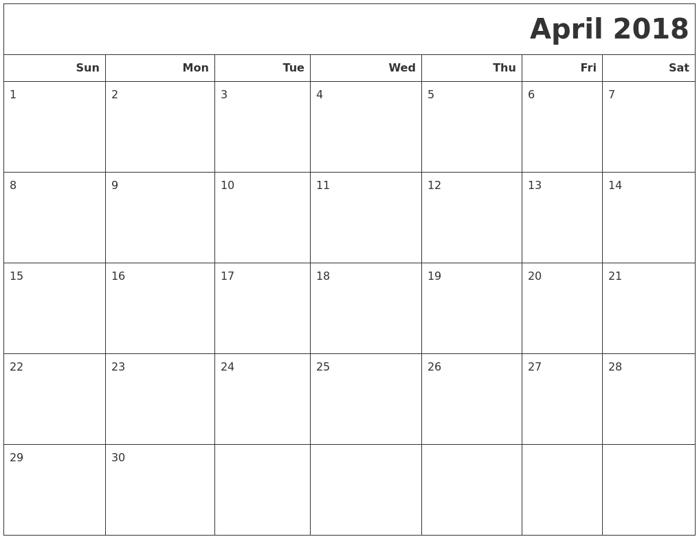print calendar april 2018