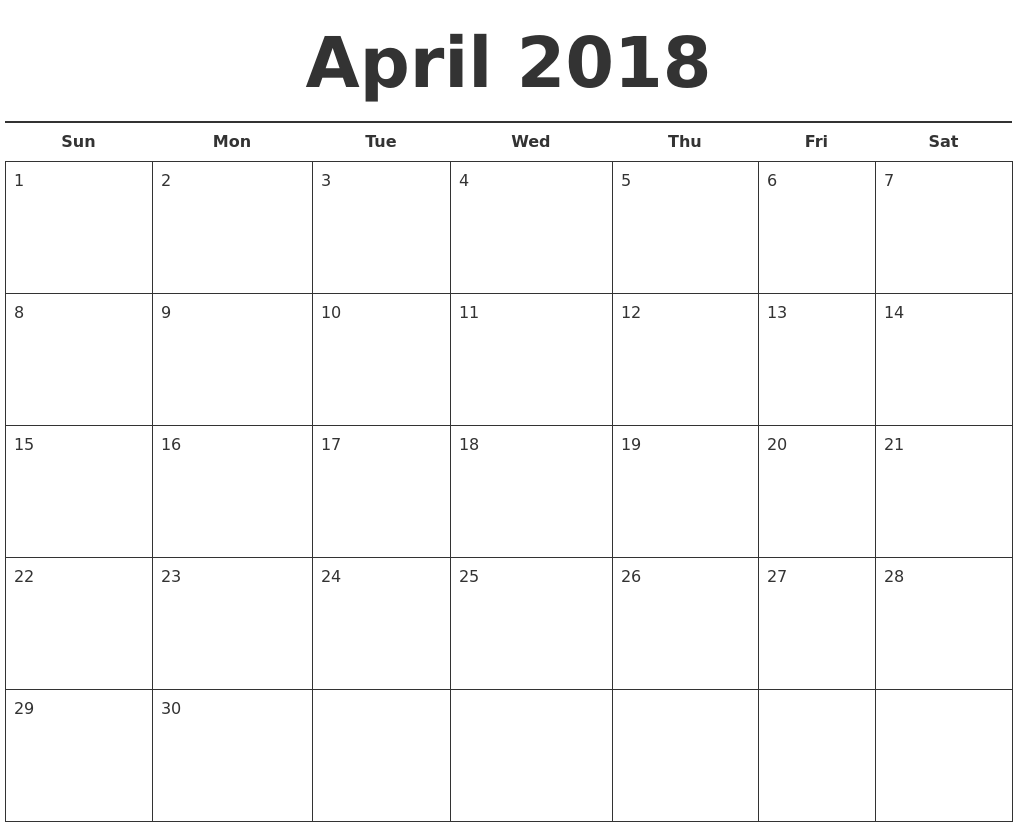 monthly calendar template 2018