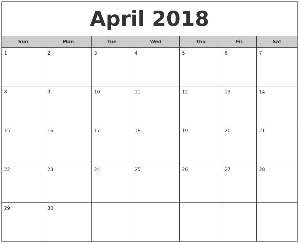 calendar 2018 april