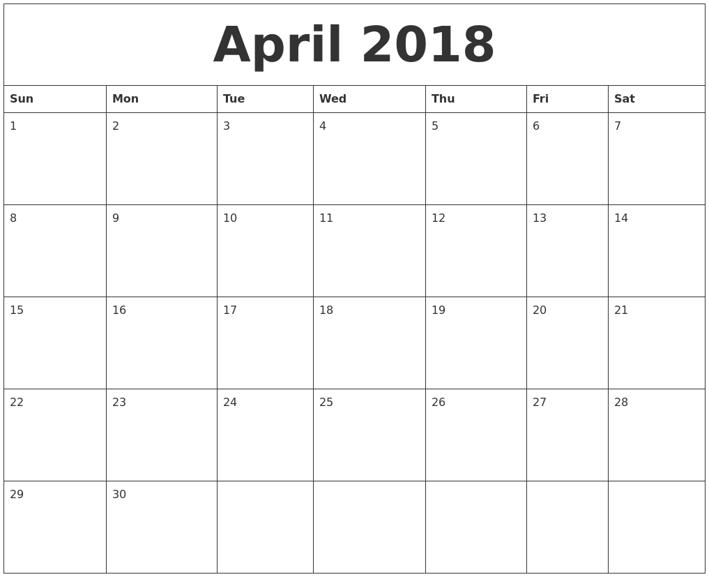 April 2018 Calendar Printable - FREE DOWNLOAD