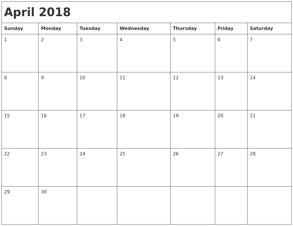 month of april 2018 calendar