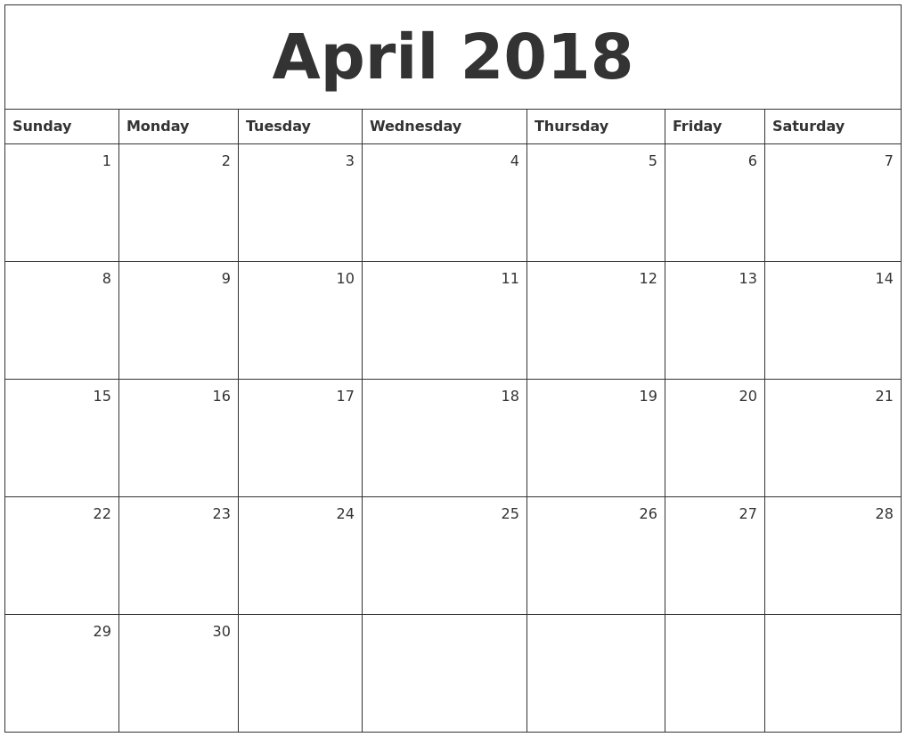 2018 April Monthly Calendar