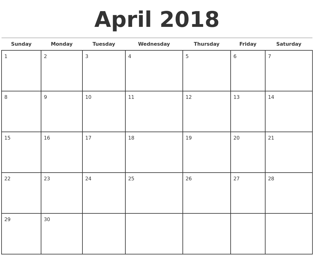 April 2018 Calendar Printable - FREE DOWNLOAD