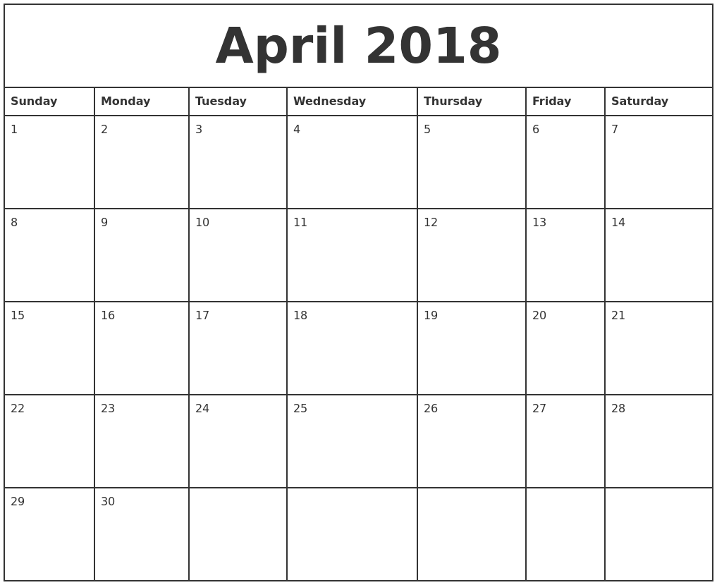 Monthly Calendar For April 2018