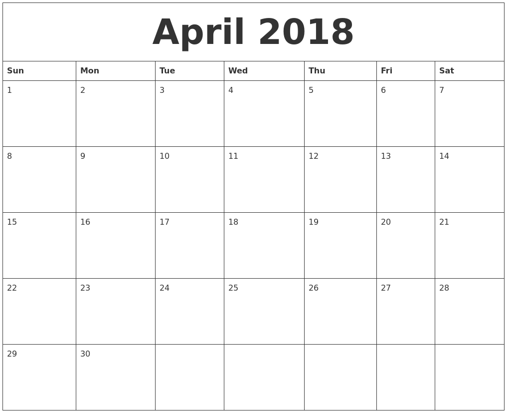 April 2018 Calendar Word