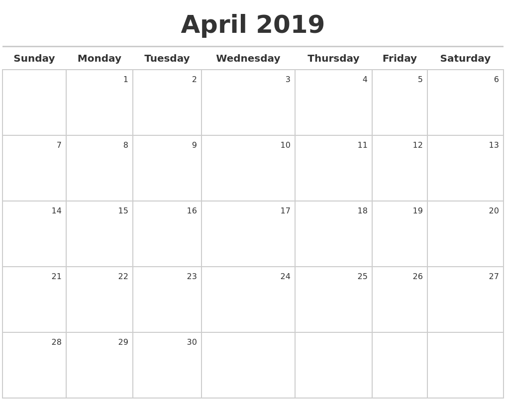 April 2019 Calendar Maker