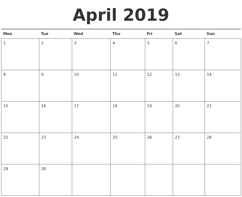 April 2019 Calendar Printable April 2019 Calendar Printable