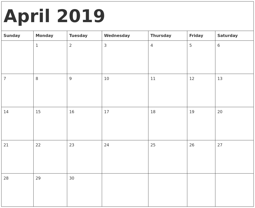 april 2019 calendar template full weekday