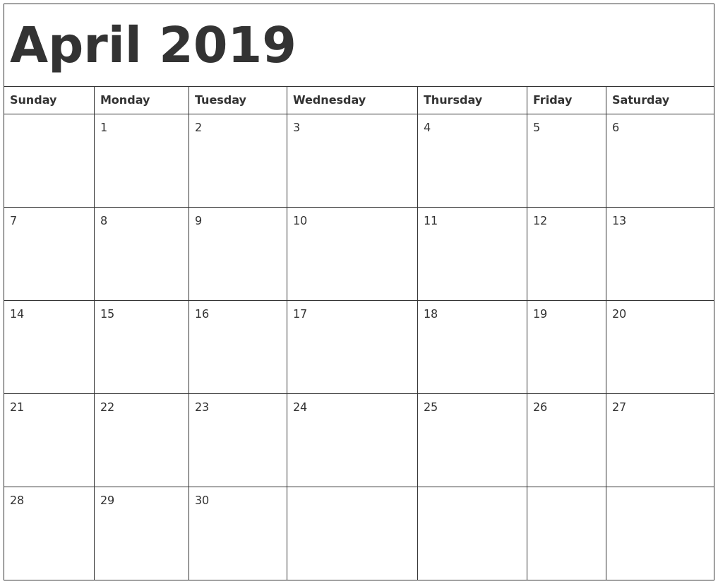 April 2019 Calendar Printable