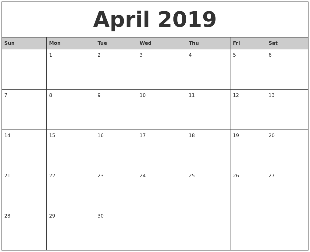 April 2019 Monthly Calendar Printable April 2019 Monthly Calendar Printable