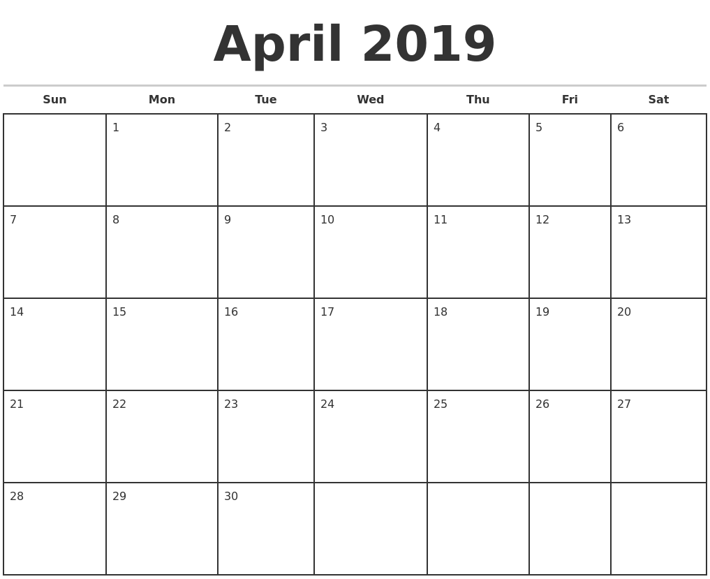April 2019 Monthly Calendar Template