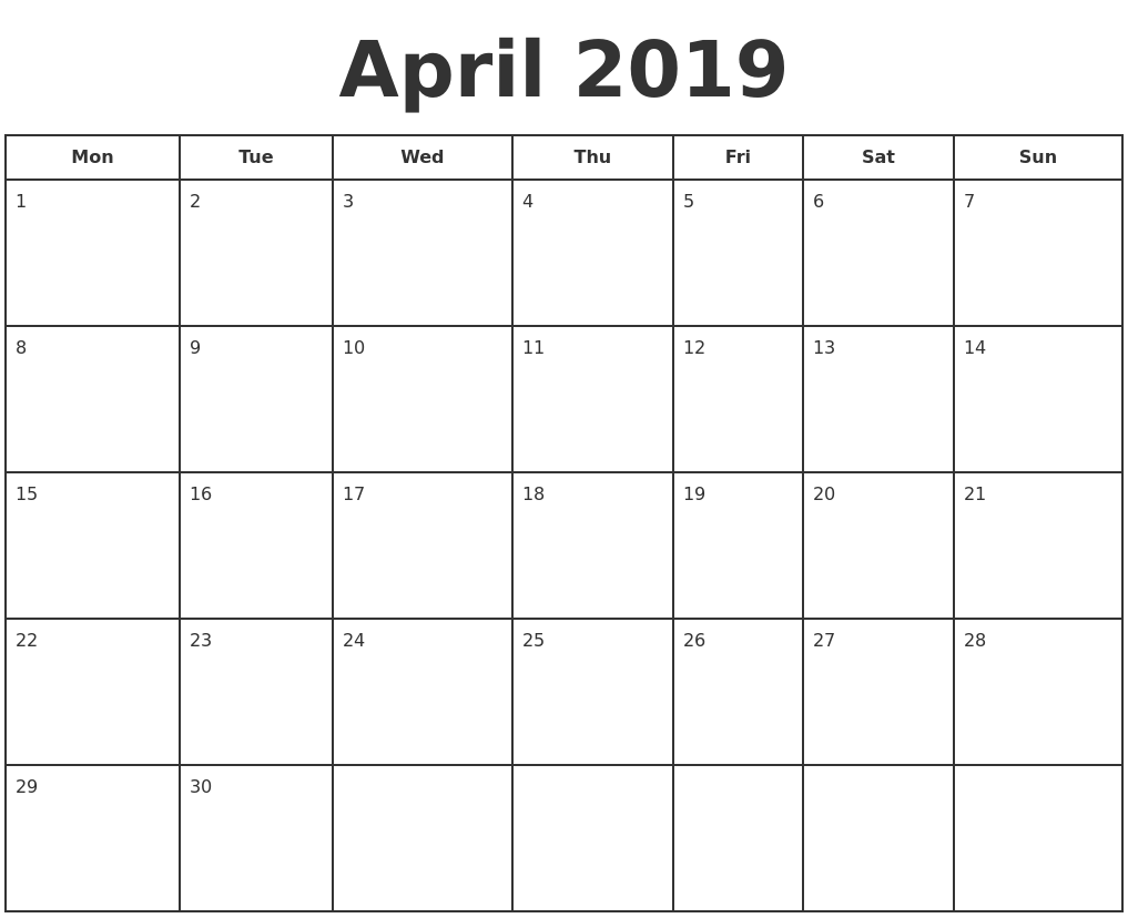 April 2019 Print A Calendar