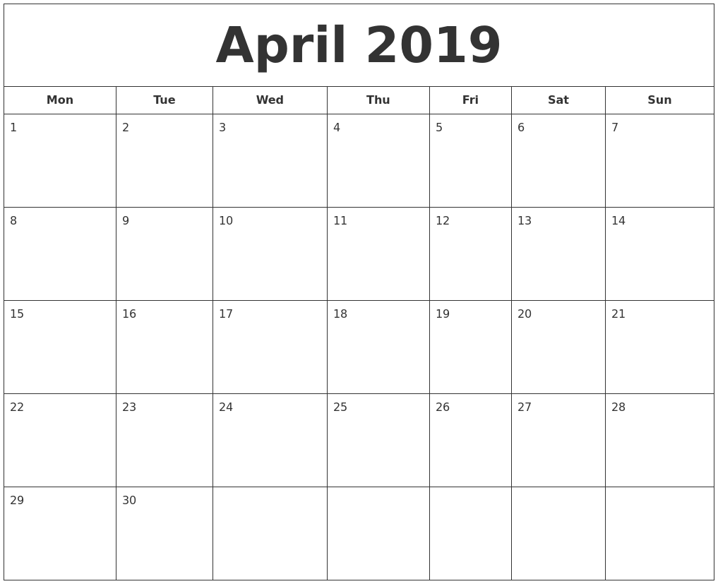 April 2019 Printable Calendar