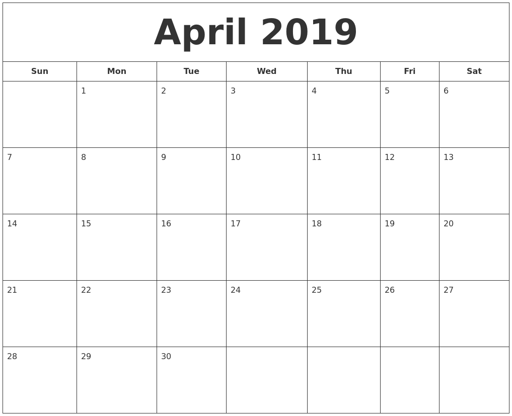 April 2019 Printable Calendar graphic relating to April Printable named April 2019 Printable Calendar