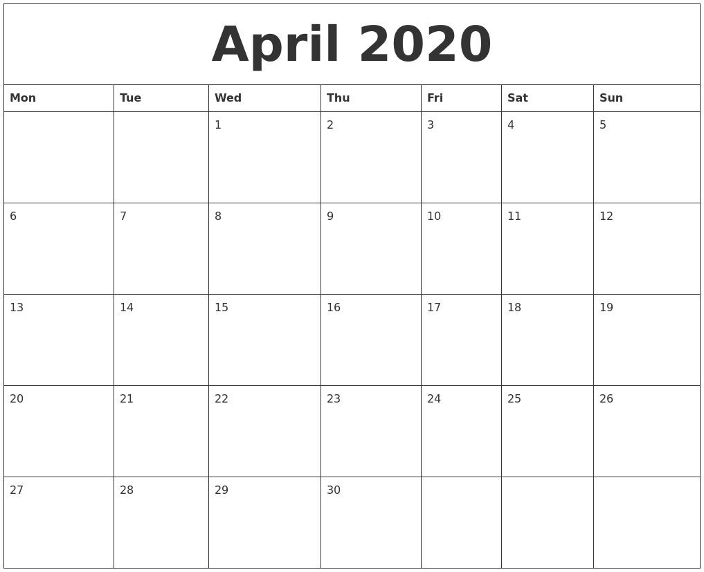 april 2020 blank monthly calendar template