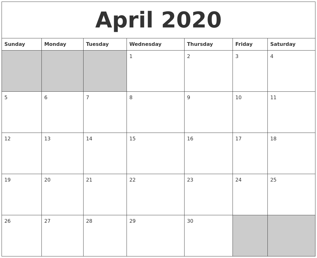 april 2020 blank printable calendar blank april 2020 calendar printable