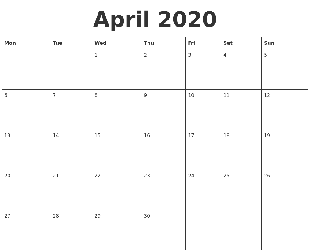 april 2020 make calendar monday start
