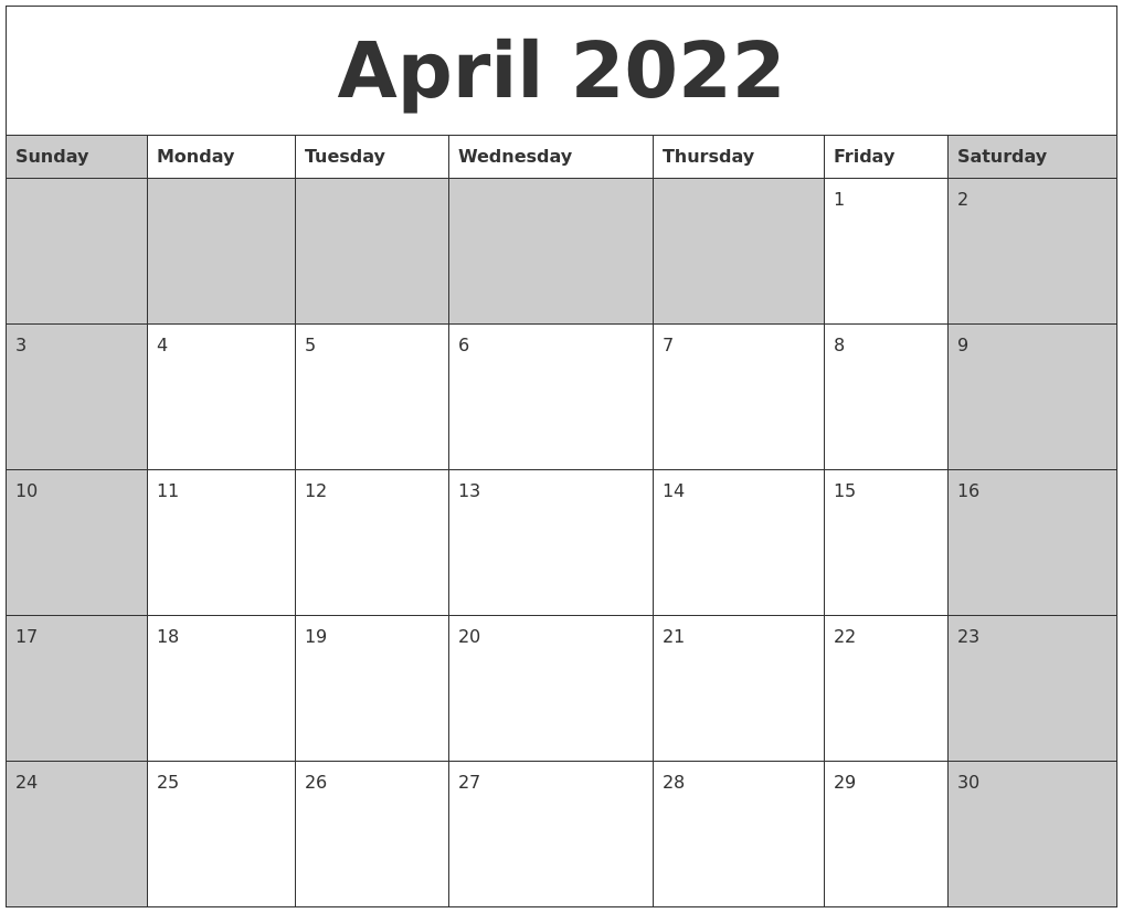 April 2022 Calanders