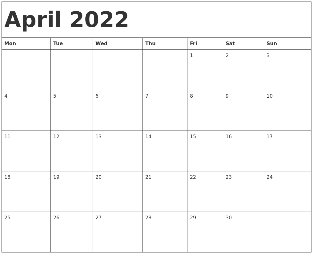 April 2022 Calendar Template