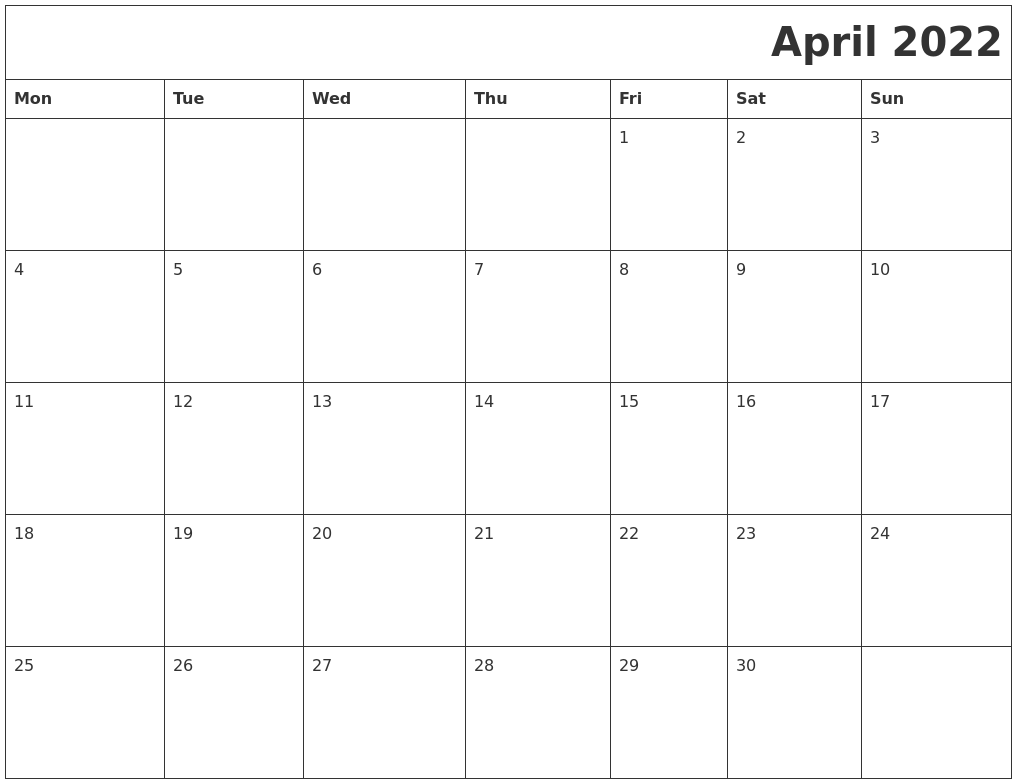 April 2022 Download Calendar
