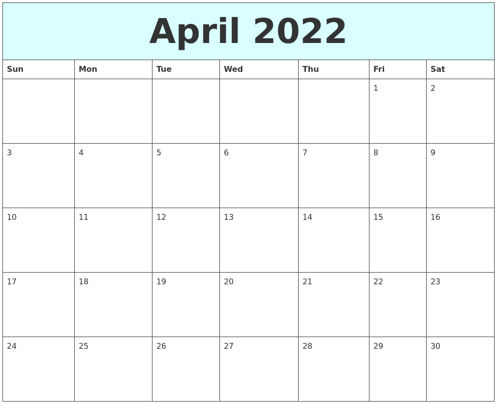 April 2022 Free Calendar
