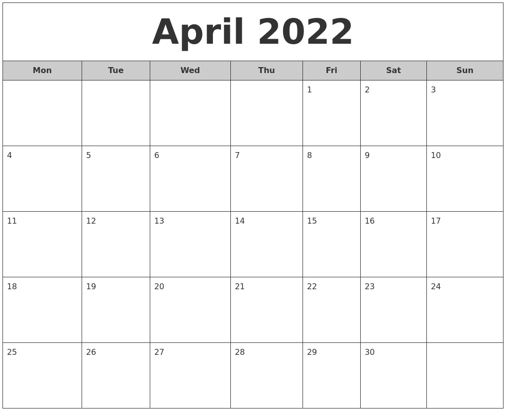 Monthly Calendar Monday Start : April free monthly calendar Monthly Calendar Monday Start : April free monthly calendar
