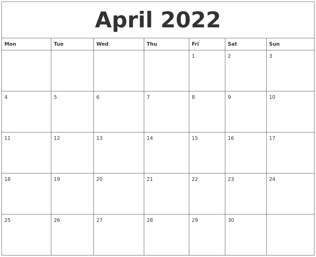 April 2022 Free Online Calendar