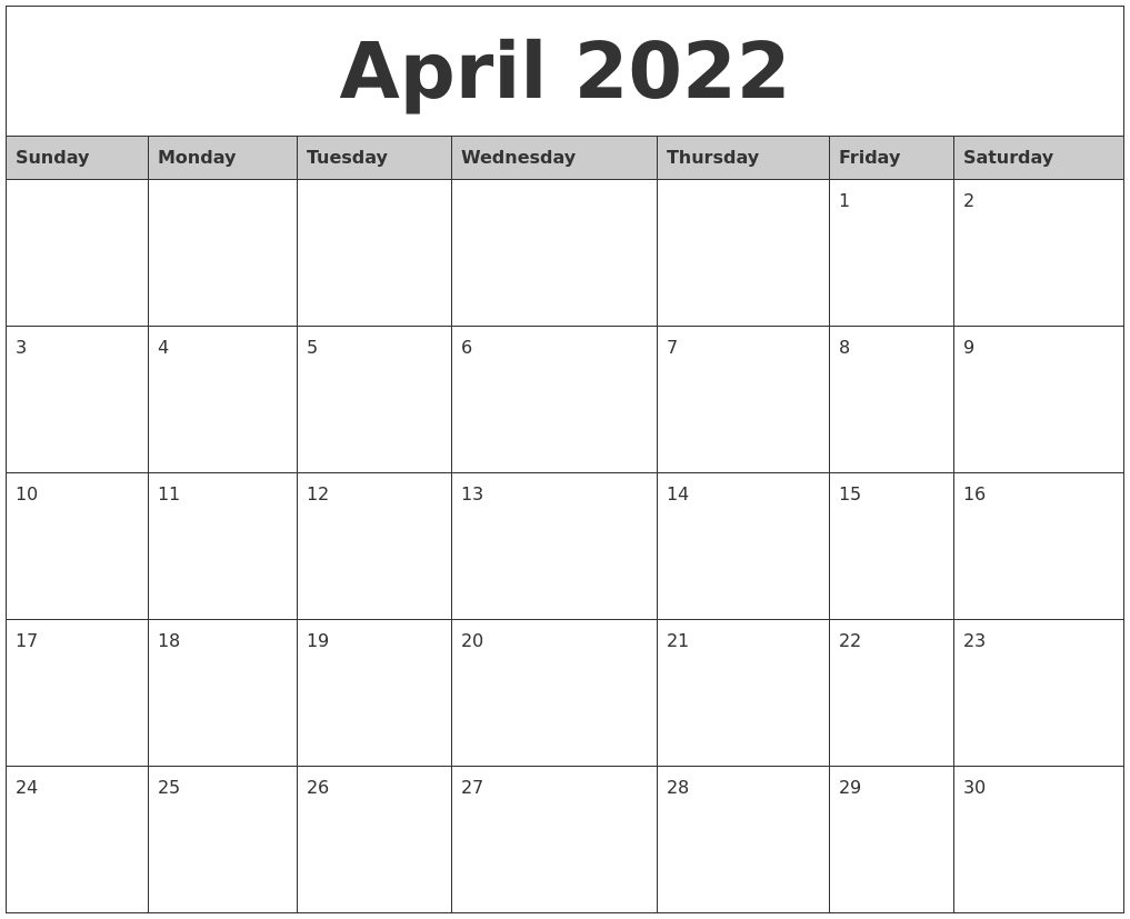 April 2022 Monthly Calendar Printable