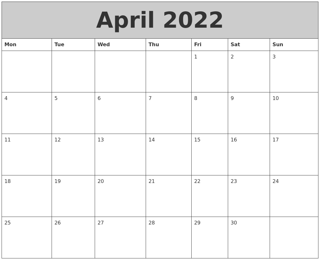 April 2022 My Calendar