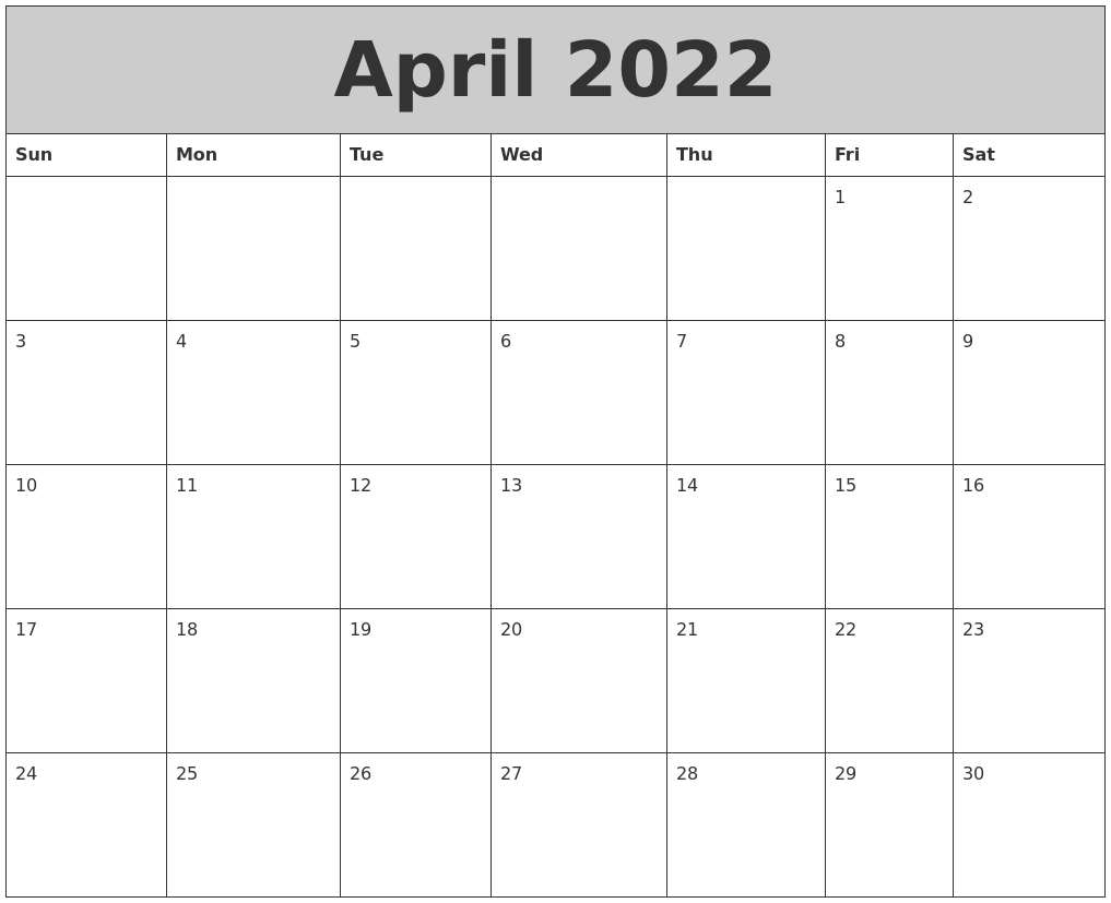 April 2022 My Calendar
