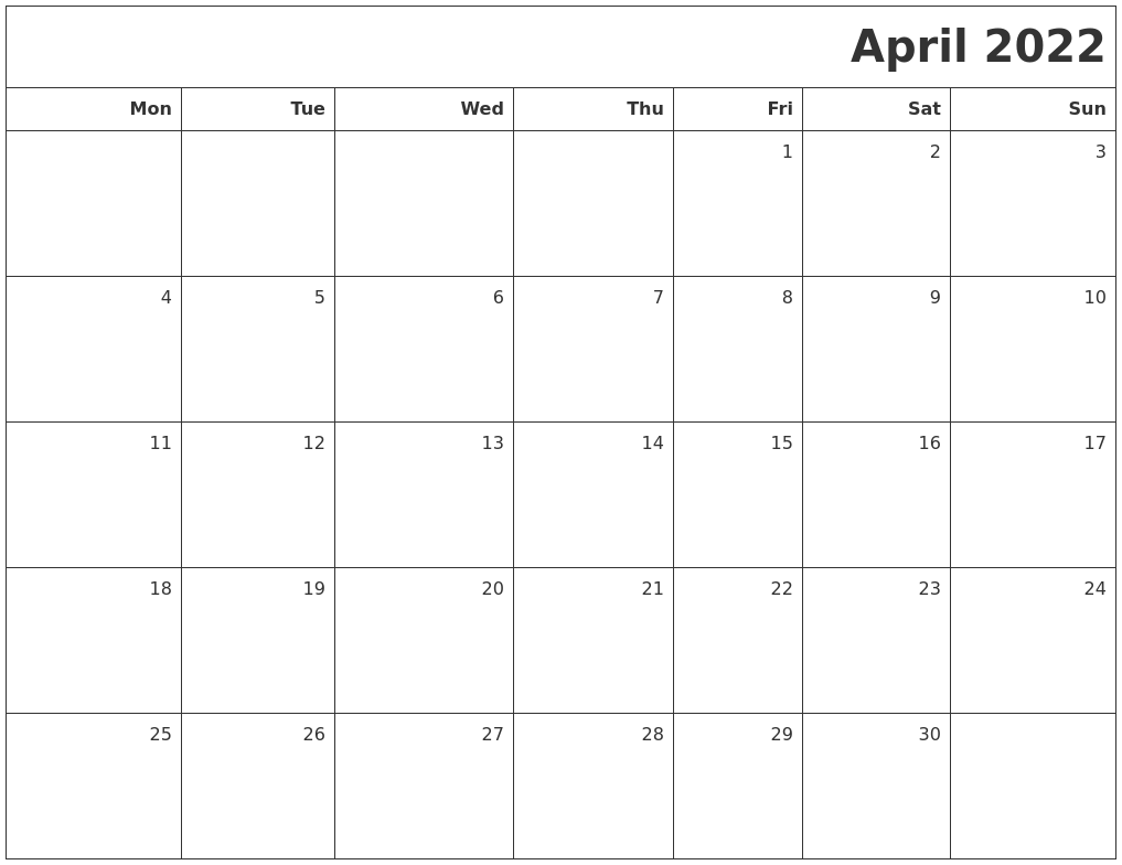 April 2022 Printable Blank Calendar