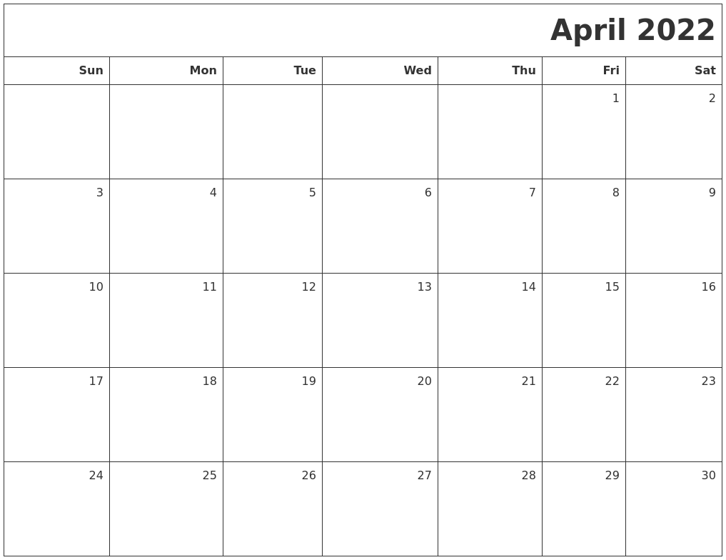 2022 April Weekly Calendar Printable