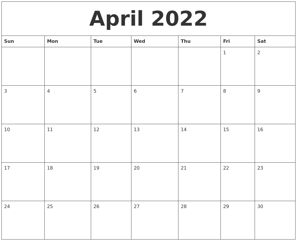 April 2022 Printable Blank Monthly Calendar