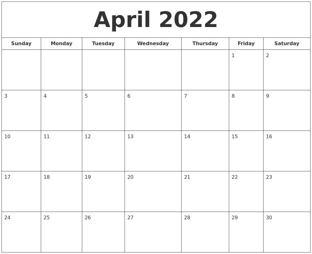 April 2022 Printable Calendar