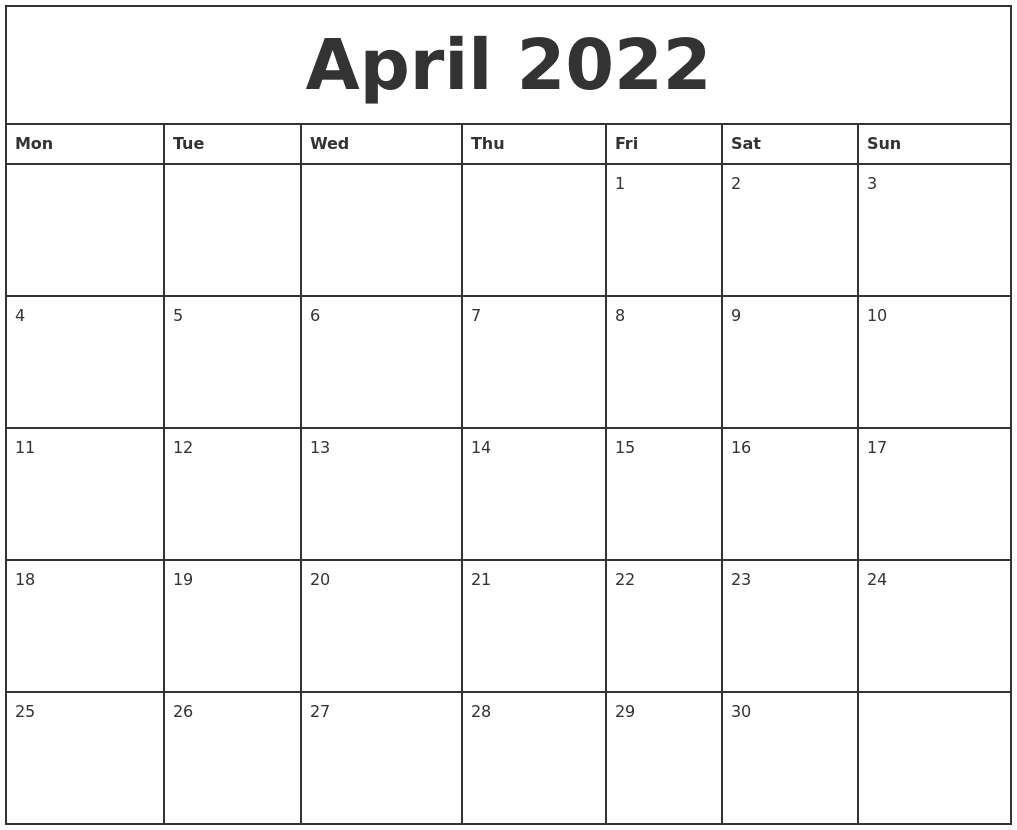 April 2022 Printable Monthly Calendar