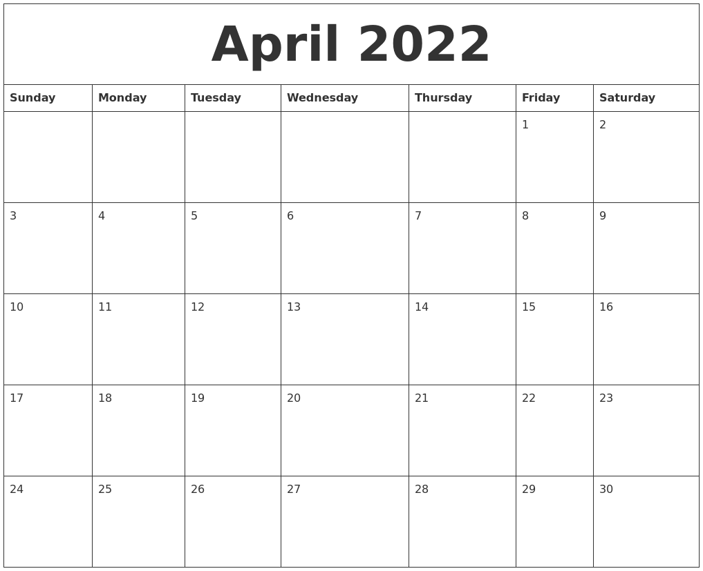 April 2022 Word Calendar