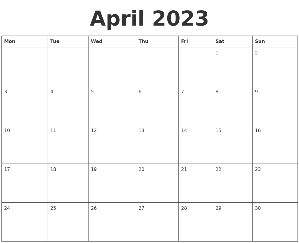 April 2023 Blank Calendar Template
