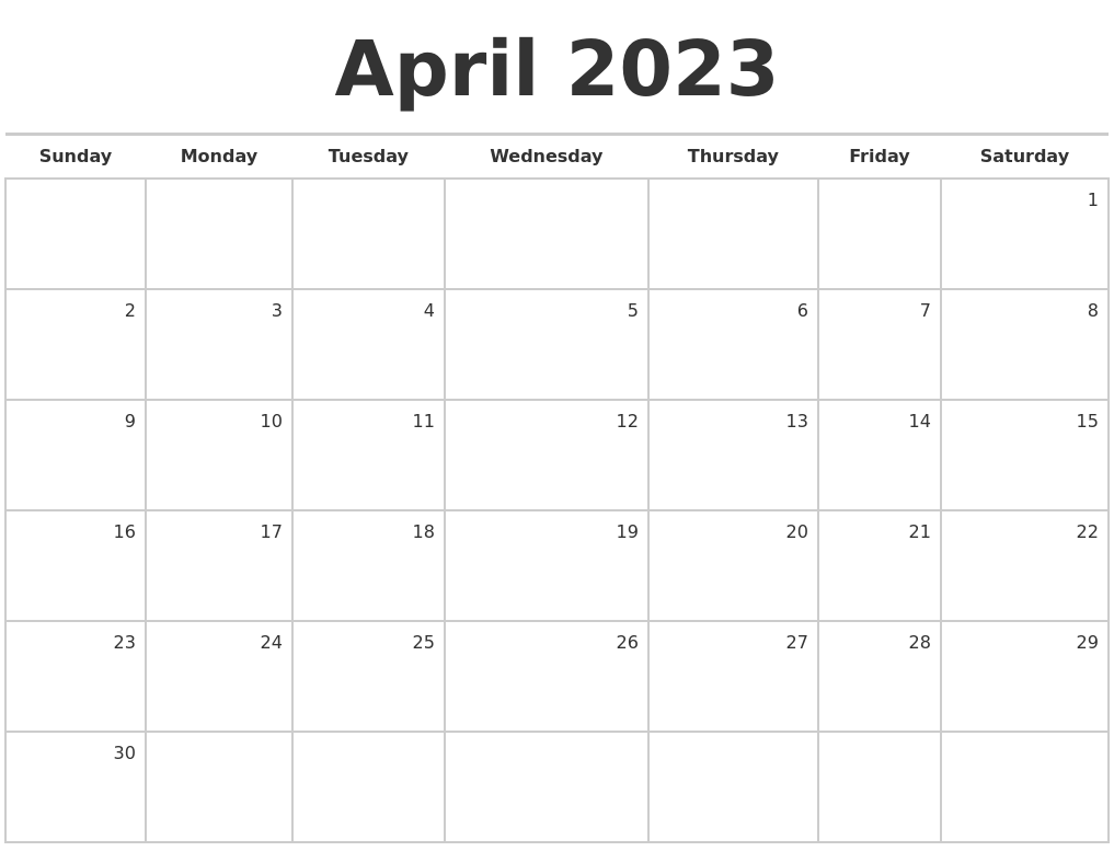 April 2023 Blank Monthly Calendar