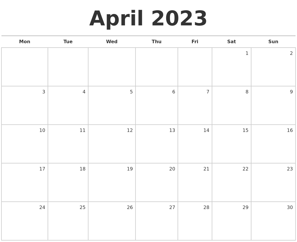 April 2023 Blank Monthly Calendar