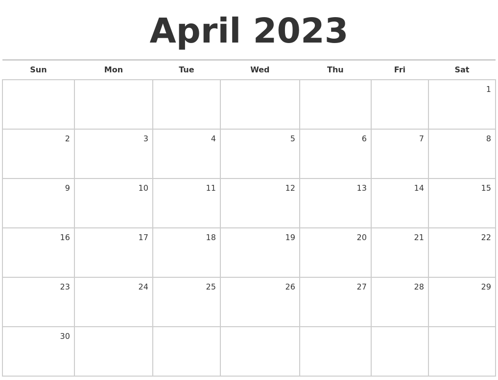 April 2023 Blank Monthly Calendar