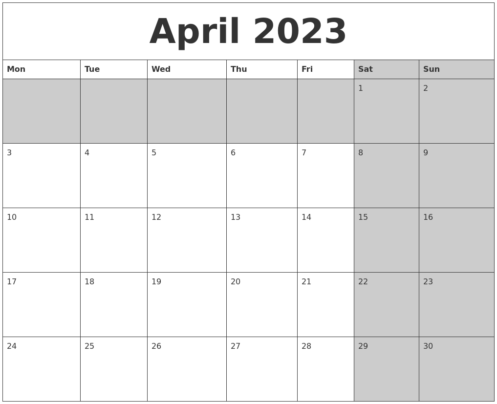April 2023 Calanders