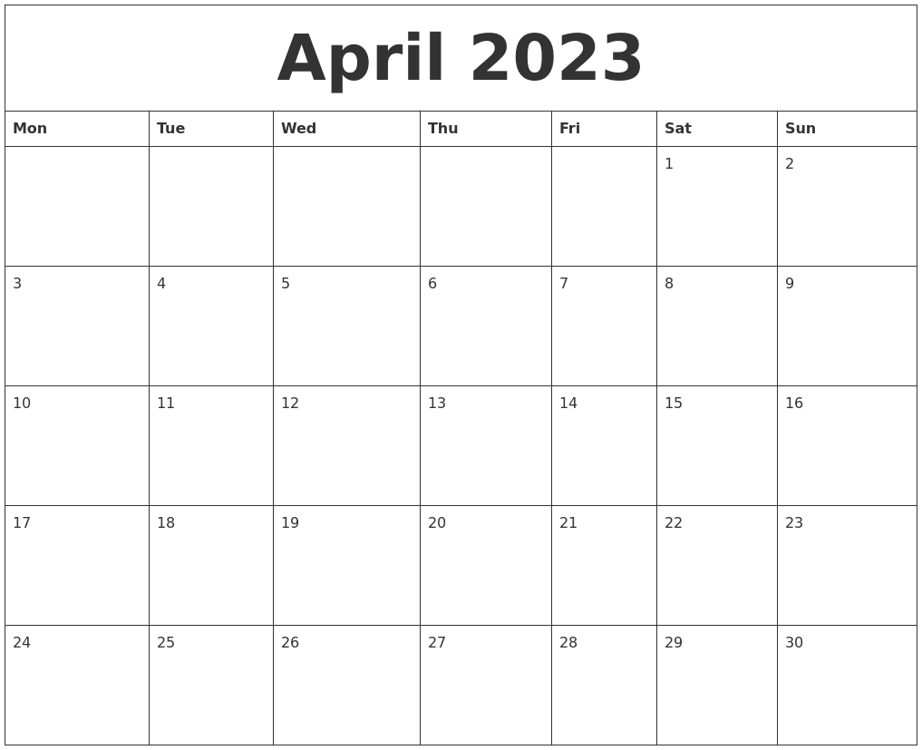 Printable Monthly Calendar April 2023 Printable Blank World