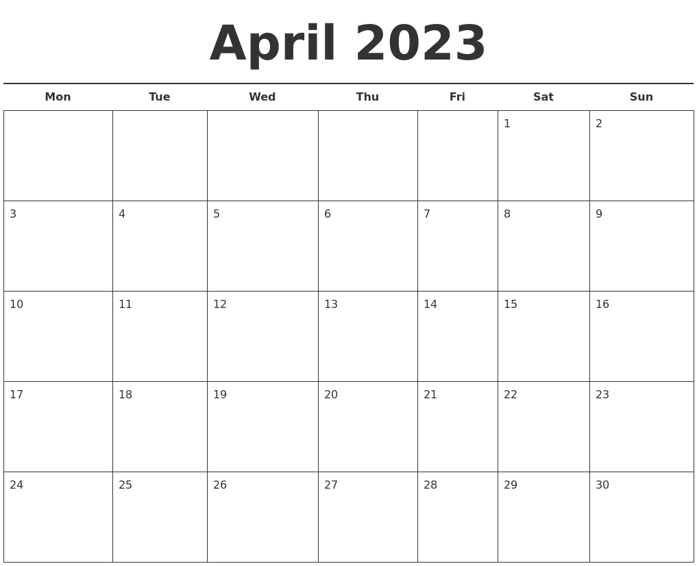 April 2023 Free Calendar Template