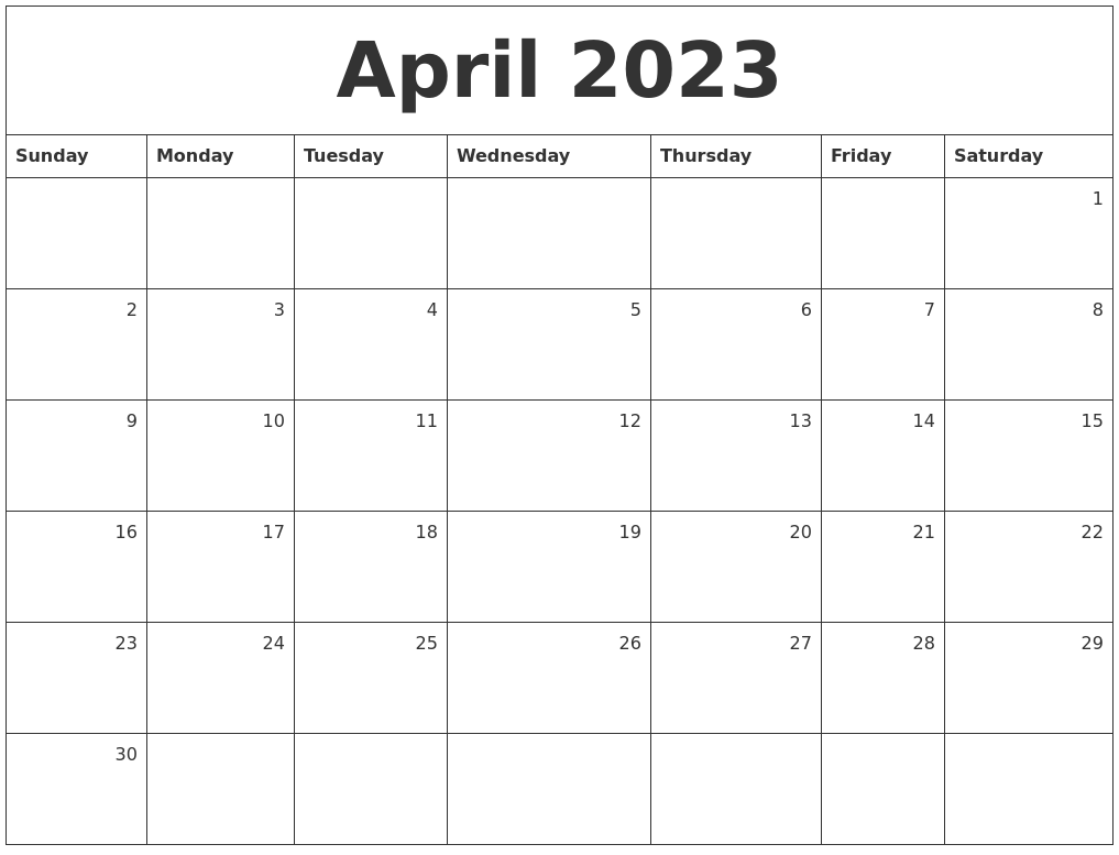 April 2023 Monthly Calendar