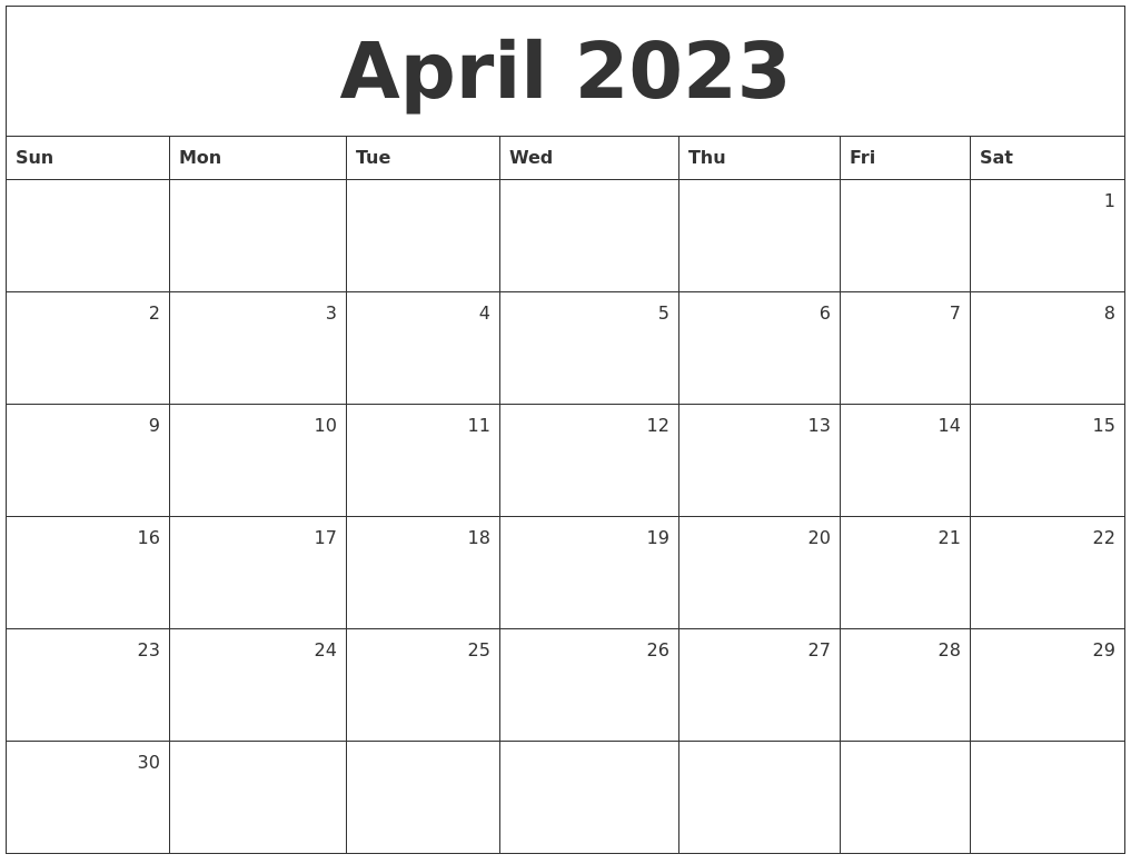April 2023 Monthly Calendar