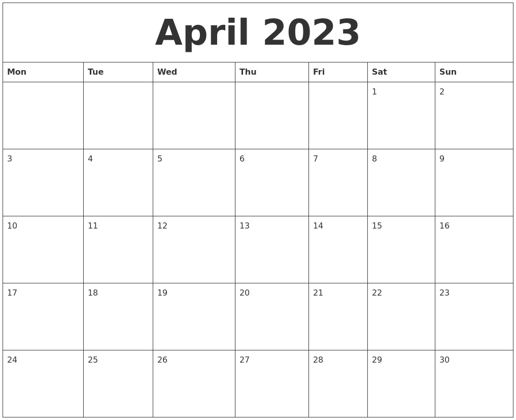 April 2023 Print Out Calendar